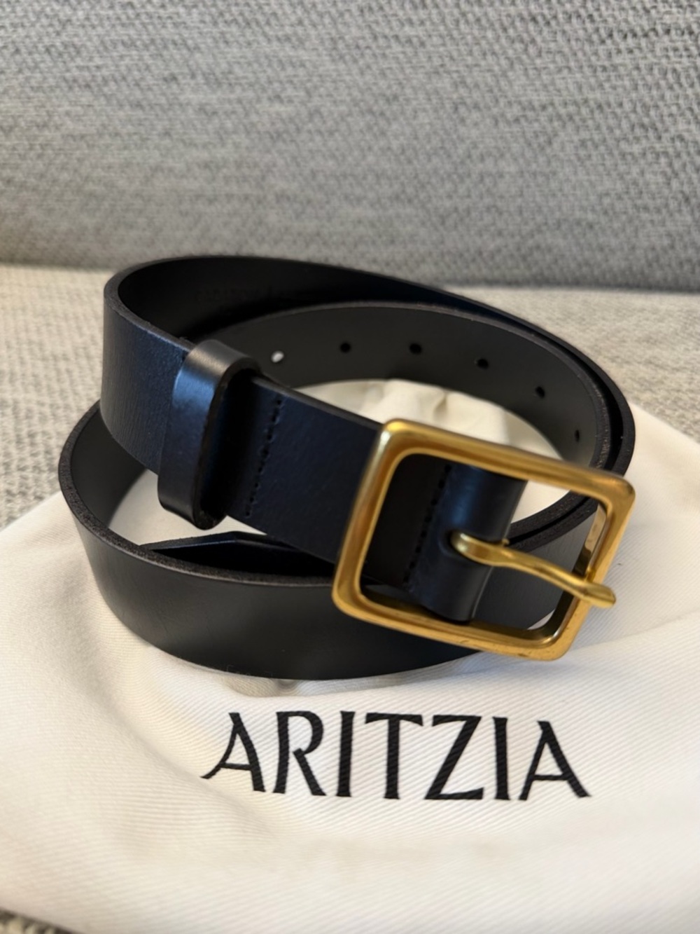 Aritzia Black Leather Belt with Gold-Tone Square Buckle